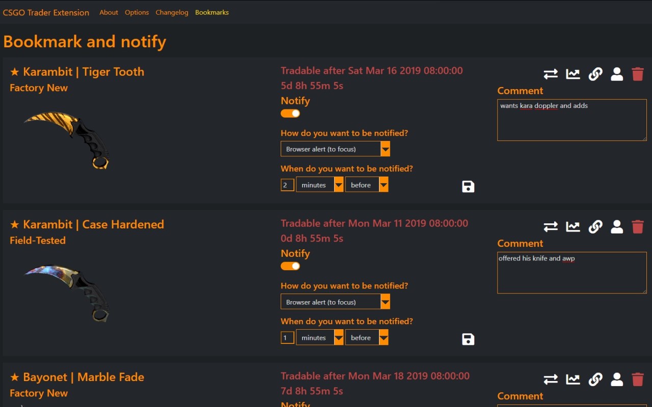 Bookmark and notify menu Bookmark and notify menu