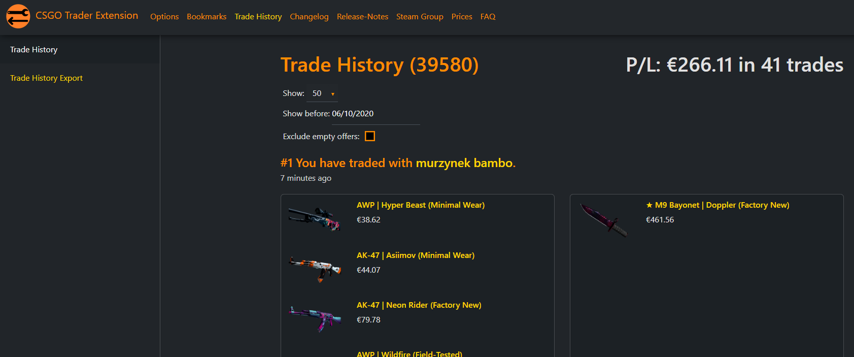 Trade history header